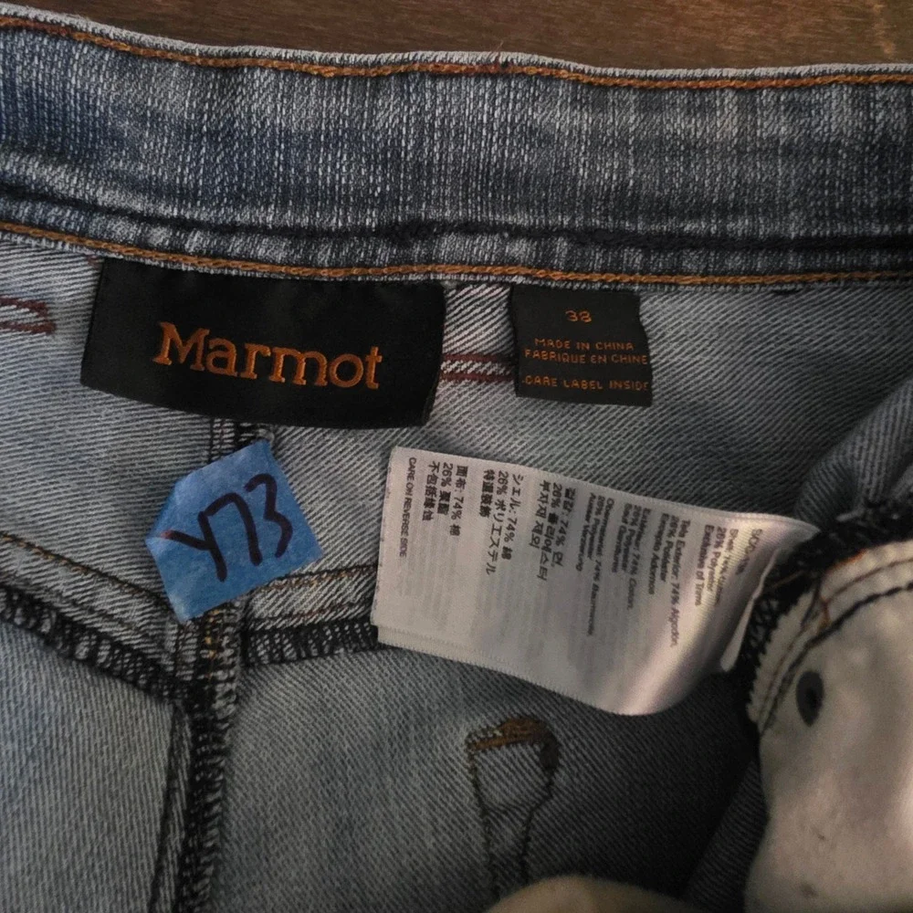 Mens Marmot distressed straight leg jeans denim light was size 38x31